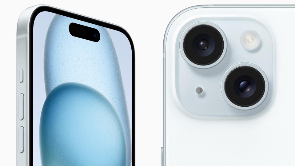 The back and front sides of the blue iPhone 15 next to each other. The screen has blue blibs n it and we can see the two camera sensors.