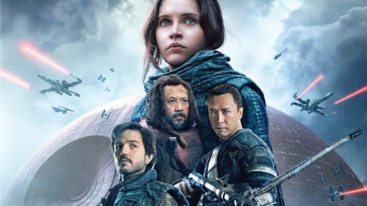 The poster for Rogue One: A Star Wars Story featuring a collage of the main cast and the Death Star looming in the background.