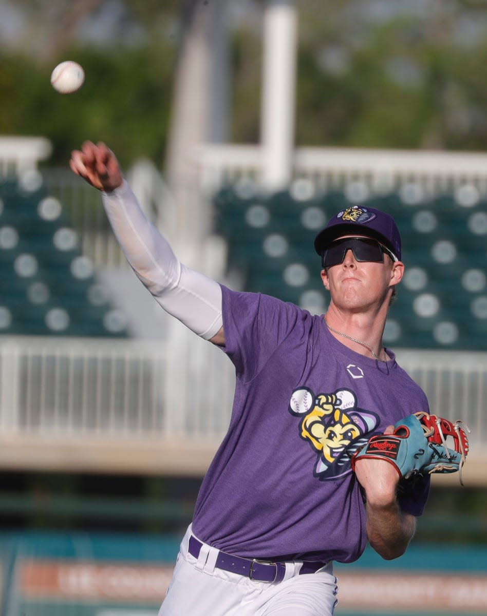 Brandon Winkour takes field practice. The Fort Myers Mighty Mussels hosted a team Open House on April 2, 2024, to kickoff their season at Hammond Stadium at the Lee Health Sports Complex in Fort Myers.