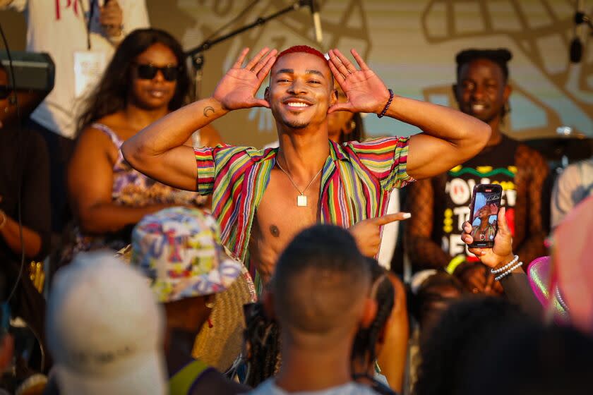 Los Angeles, CA - July 15: A performer participates in the face category if the inaugural Outside Kiki Ball at South LA Pride on Saturday, July 15, 2023 in Los Angeles, CA. (Jason Armond / Los Angeles Times)