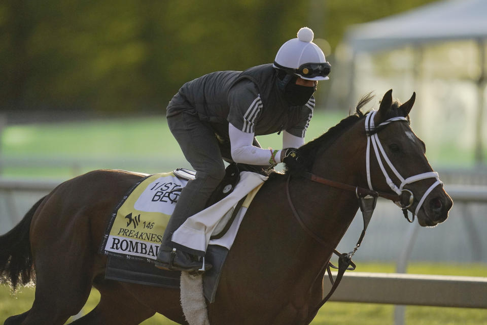 Preakness entrant Rombauer works out during a training session ahead of the Preakness Stakes horse race at Pimlico Race Course, Wednesday, May 12, 2021, in Baltimore. (AP Photo/Julio Cortez)