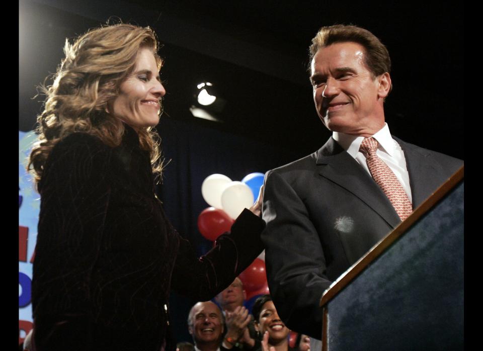 Gov. Arnold Schwarzenegger looks over at his wife Maria Shriver as he speaks during his election night party in Los Angeles, Tuesday, Nov. 8, 2005. The fifth statewide special election in state history pits the Republican actor-turned-governor against two of California's dominant political forces, labor unions and the Democrats who control both houses of the Legislature. (AP Photo/Kevork Djansezian)