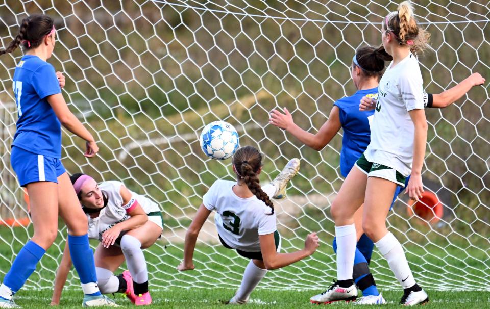 SANDWICH 10/23/23 Jocelyn Demedeiros of Sturgis West puts in a tying goal against St. John Paul II. girls soccer 
Ron Schloerb / Cape Cod Times