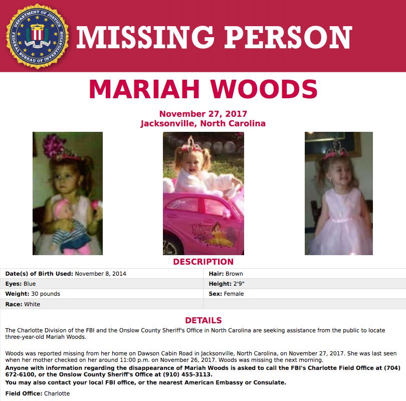 An online FBI poster for Mariah Woods, a missing three-year-old. (Photo: <a href="https://www.fbi.gov/wanted/kidnap/mariah-woods" target="_blank">FBI</a>)