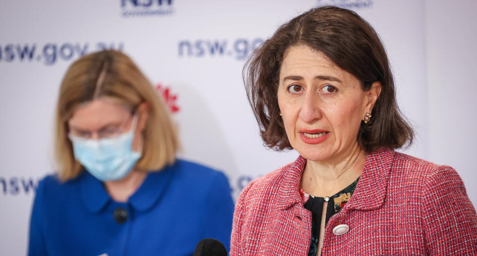 NSW Premier Gladys Berejiklian (right) speaks next to NSW Chief Health Officer Dr Kerry Chant during a press conference in Sydney, Sunday, August 15, 2021. Source: AAP