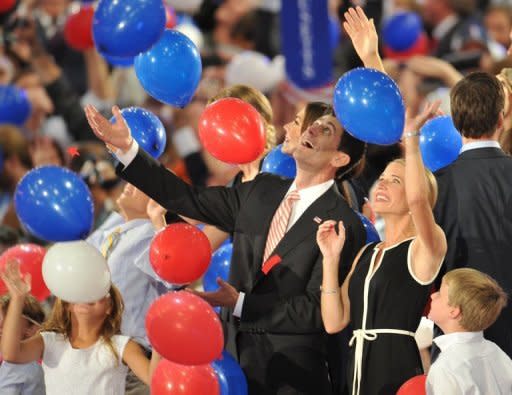 Republican vice presidential nominee Paul Ryan and wife Janna play with balloons following Mitt Romney's acceptance speech at the Tampa Bay Times Forum in Tampa, Florida, on August 30, on the final day of the Republican National Convention. The dancing started long before Mitt Romney took the stage, as jubilant Republicans launched a premature celebration, hoping they had picked the right man