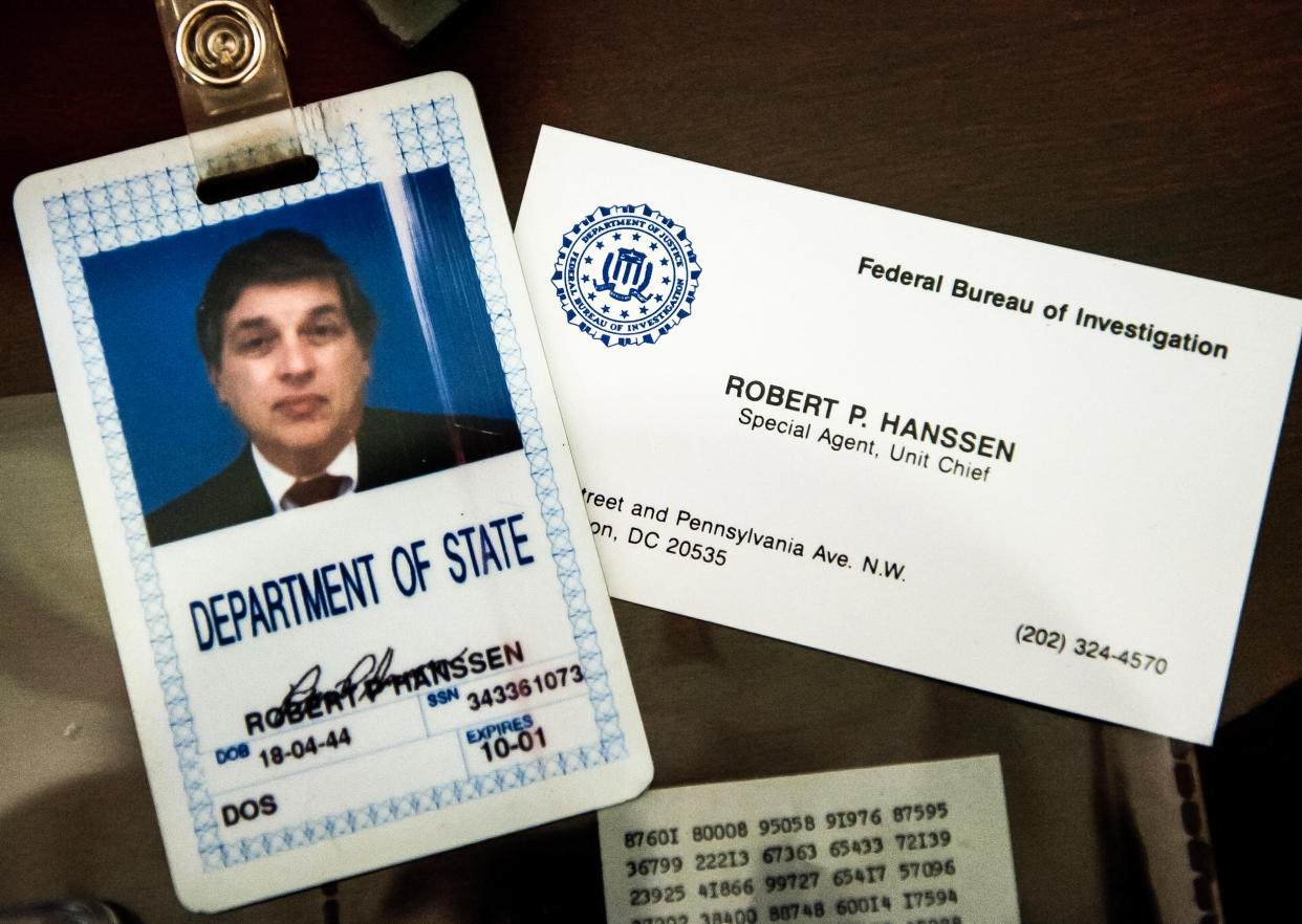 Image: The identification and business card of former FBI agent Robert Hanssen inside a display case at the FBI Academy in Quantico, Va., on May 12, 2009. (Paul J. Richards / AFP - Getty Images file)