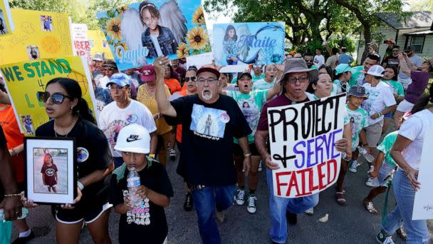 PHOTO: Family and friends of those killed and injured in the school shooting at Robb Elementary take part in a protest march and rally, July 10, 2022, in Uvalde, Texas. (AP Photo/Eric Gay)