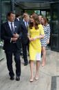 <p>Lemon is a hard shade to pull off but naturally, Kate stunned in this yellow-and-white design by Roksanda Ilincic. Wearing it for a day at Wimbledon, the Duchess fondly called her look the 'banana dress' after William told her she resembled the fruit. <i>[Photo: PA]</i> </p>
