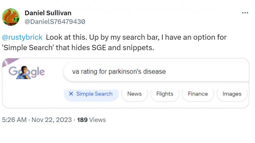 Google 關鍵字搜尋頁面，被國外用戶發現正在測試一項名為「Simple Search」的全新功能。（圖／ 翻攝自推特）