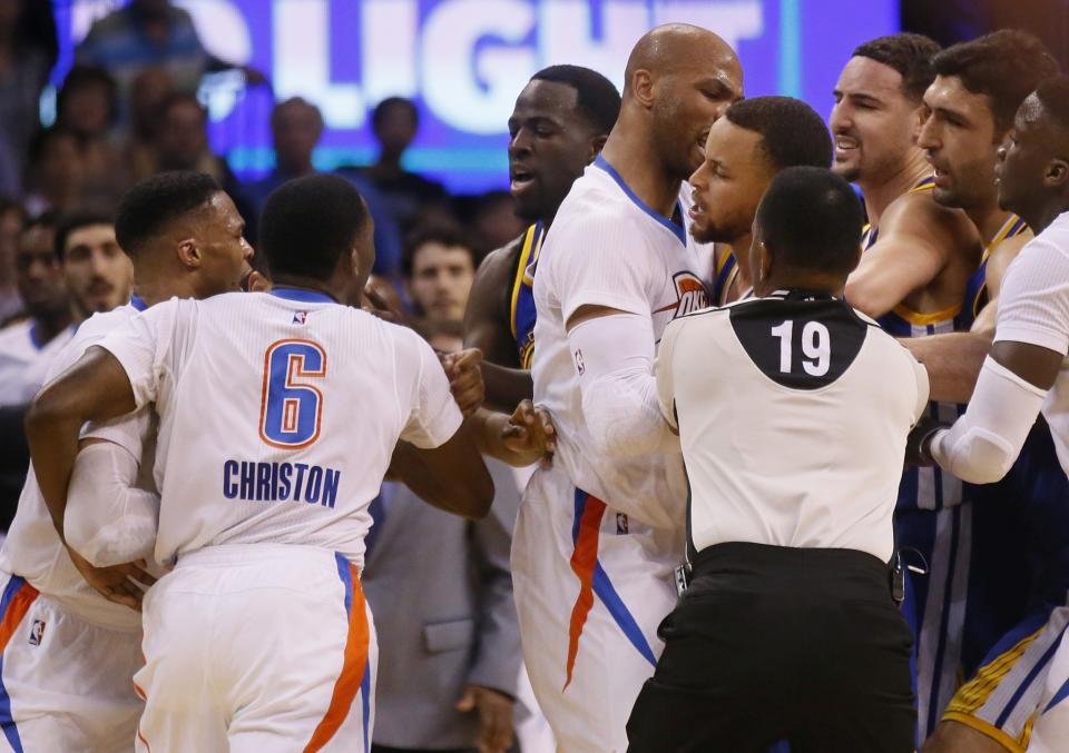 Things got testy late in the second quarter of Monday's Warriors-Thunder game. (AP)