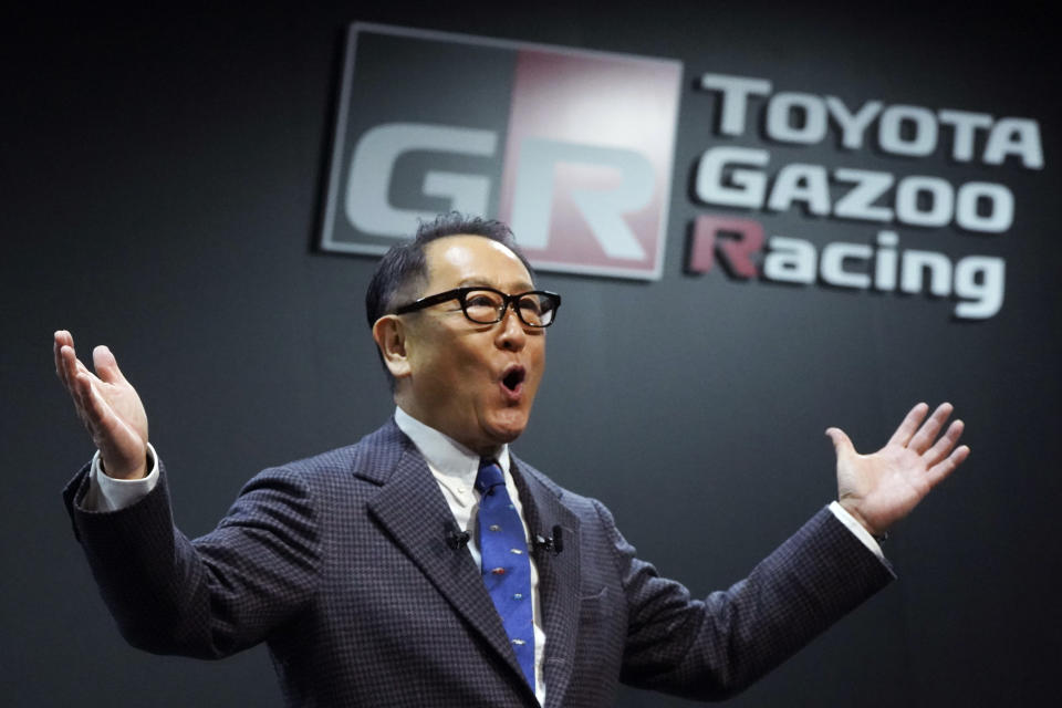 FILE - Toyota Motor Corp. Chief Executive Akio Toyoda delivers a speech on the stage at the Tokyo Auto Salon, an industry event similar to the world's auto shows on Jan. 13, 2023, in Chiba near Tokyo. (AP Photo/Eugene Hoshiko, File)