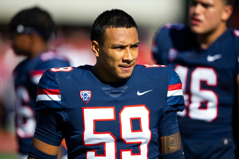 Arizona Wildcats linebacker Jacob Manu (59) against the Arizona State Sun Devils during the Territorial Cup at Arizona Stadium in Tucson on Nov. 25, 2022.