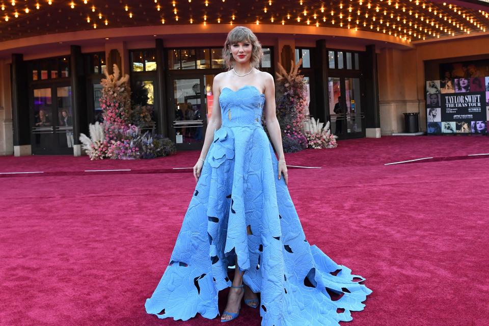 US singer Taylor Swift arrives for the "Taylor Swift: The Eras Tour" concert movie world premiere at the AMC The Grove in Los Angeles, California on October 11, 2023. (Photo by VALERIE MACON / AFP) (Photo by VALERIE MACON/AFP via Getty Images)