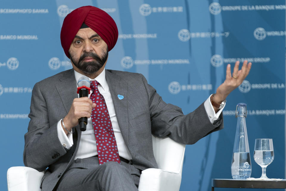 World Bank President Ajay Banga speaks at a forum during the World Bank/IMF Spring Meetings at the World Bank headquarters in Washington, Thursday, April 18, 2024. (AP Photo/Jose Luis Magana)