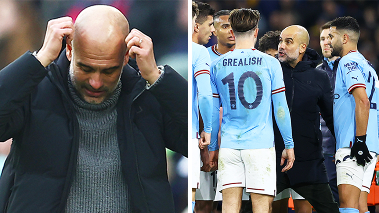 Manchester City coach Pep Guardiola (pictured left) reacting and (pictured right) Guardiola talking to City players.