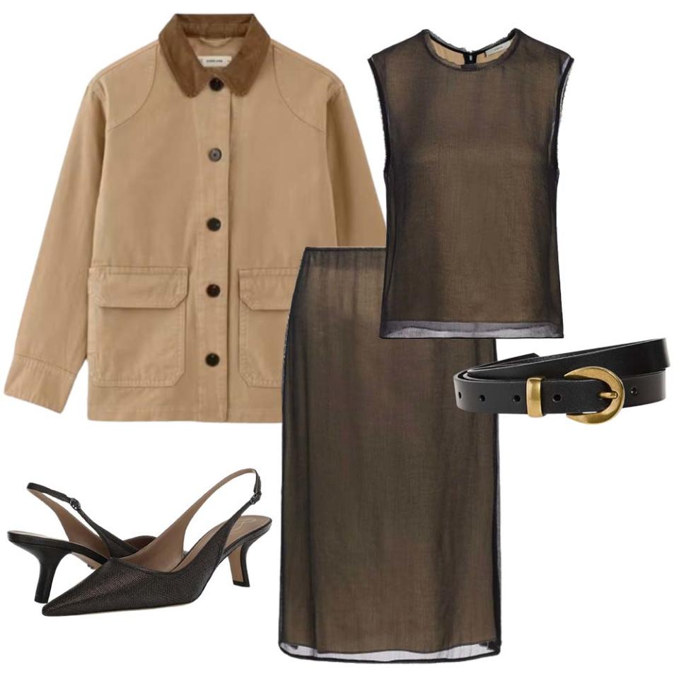 brown barn jacket; sheer skirt and top set; black belt with gold buckle; point toe black slingback heels
