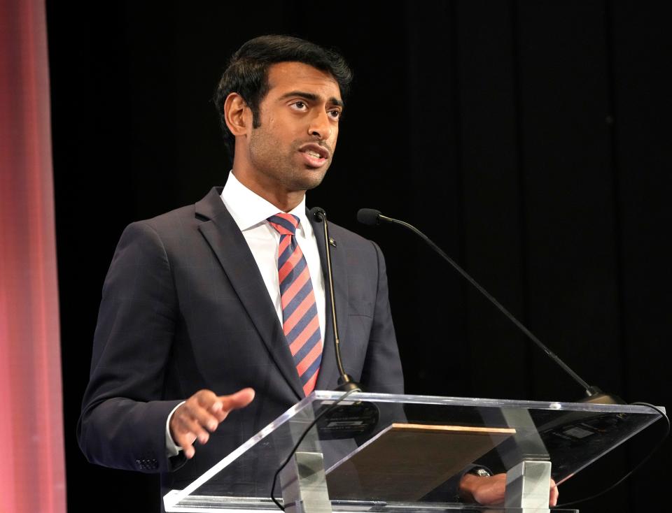 Nonprofit executive Steven Olikara speaks during the Democratic U.S. Senate debate at Marquette University's Varsity Theatre in Milwaukee on Sunday, July 17, 2022. It was the first televised debate of Wisconsin's campaign season before the Aug. 9 primary.