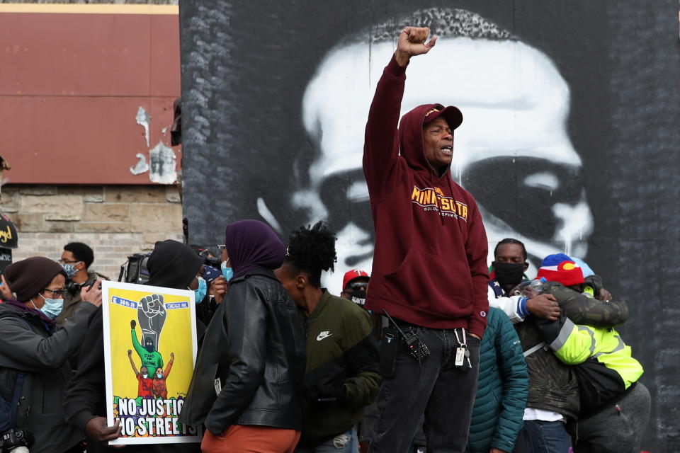 People react after the verdict in the trial of former Minneapolis police officer Derek Chauvin, found guilty of the death of George Floyd, at George Floyd Square in Minneapolis, Minnesota on April 20, 2021. (Adrees Latif/Reuters)