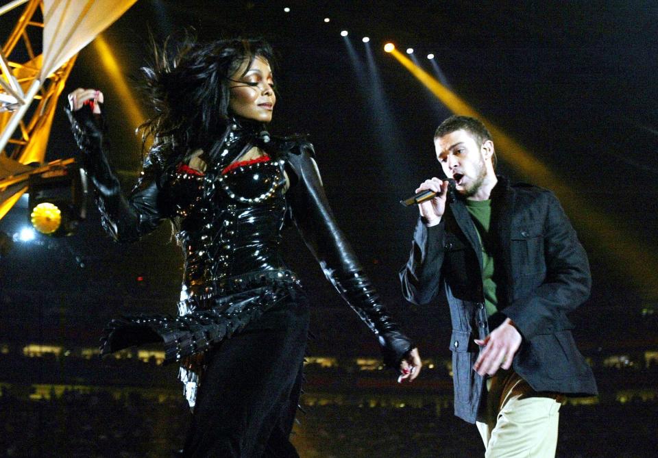 Janet Jackson and Justin Timberlake perform during halftime prior to the wardrobe malfunction at the 2004 Super Bowl in Houston.