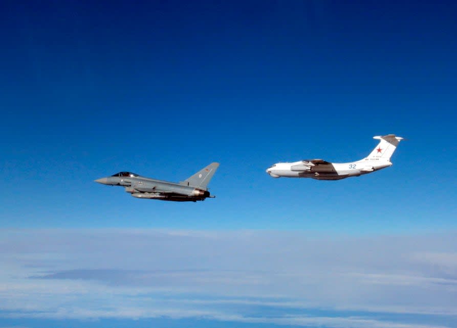 In this handout photo provided by Britain's Ministry of Defence, British and German air force fighter jets are scrambled to intercept a Russian aircraft flying close to Estonian airspace on Tuesday, March 14, 2023. Britain's defense ministry said the Typhoon jets responded Tuesday after a Russian air-to-air refueling aircraft failed to communicate with Estonian air traffic control. The Russian plane didn't enter the airspace of Estonia, a NATO member.