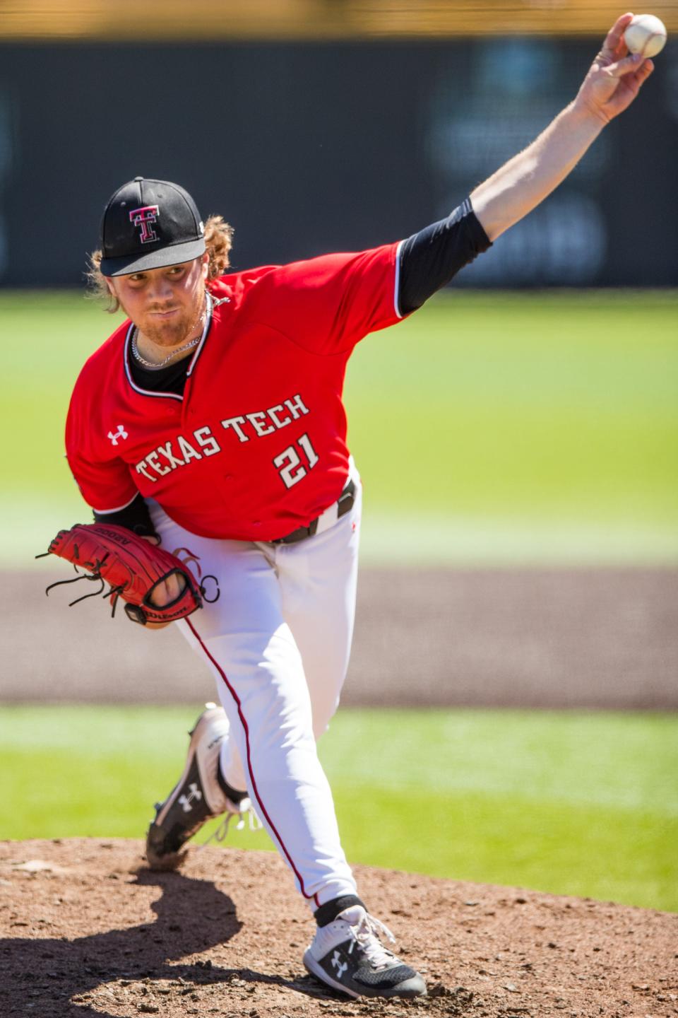 Texas Tech starter Mason Molina delivers a pitch during the Red Raiders' 10-7 loss to TCU on Saturday at Dan Law Field/Rip Griffin Park. TCU had five home runs and five doubles in the game.