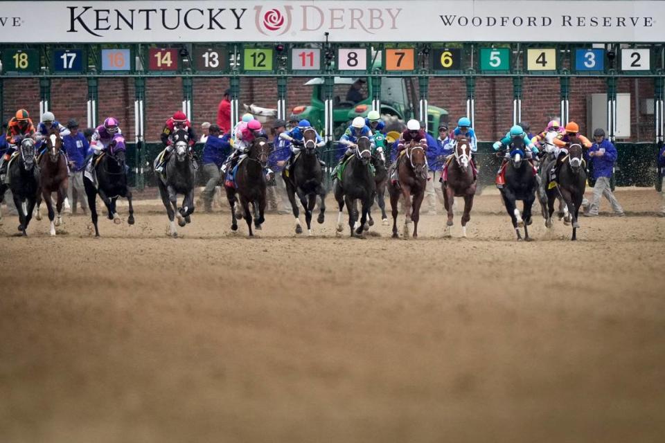 The horses leave the gate at the start of the 149th running of the Kentucky Derby at Churchill Downs on May 6, 2023. The winner, Mage, drew from the eighth post position and can be seen under the No. 6 sign at this early juncture of the race.