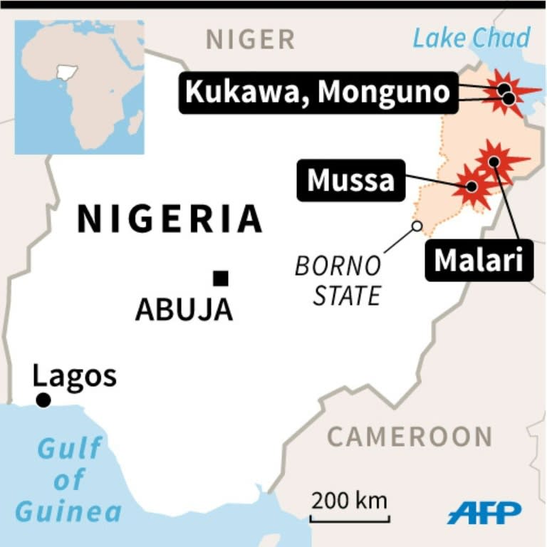 A map of Nigeria locating Boko Haram attacks in Borno State
