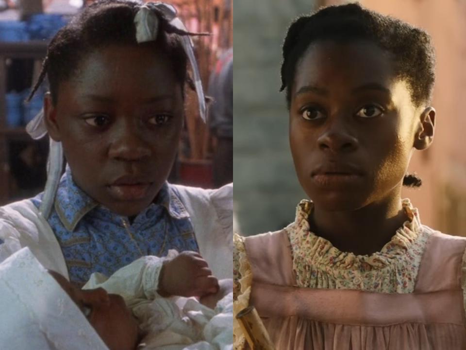 Left: Desreta Jackson as Celie in the 1985 version of "The Color Purple." Right: Phylicia Pearl Mpasi as Celie in the 2023 version of "The Color Purple."