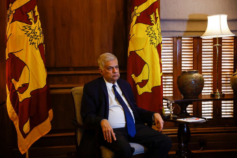 Sri Lanka's President Ranil Wickremesinghe attends an interview with Reuters in Colombo