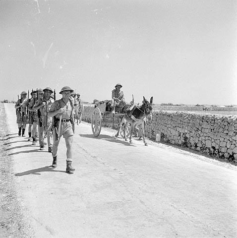 Canadian infantrymen on the march near Modica, Italy, July, 12 1943.