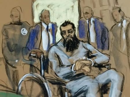 Sayfullo Saipov, the suspect in the New York City truck attack, is seen in this courtroom sketch appearing in Manhattan federal courtroom in a wheelchair in New York, NY, U.S., November 1, 2017. REUTERS/Jane Rosenberg