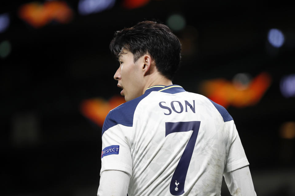 Tottenham's Son Heung-min during the Europa League round of 16, first leg, soccer match between Tottenham Hotspur and Dinamo Zagreb at the Tottenham Hotspur Stadium in London, England, Thursday, March 11, 2021. (AP photo/Alastair Grant, Pool)