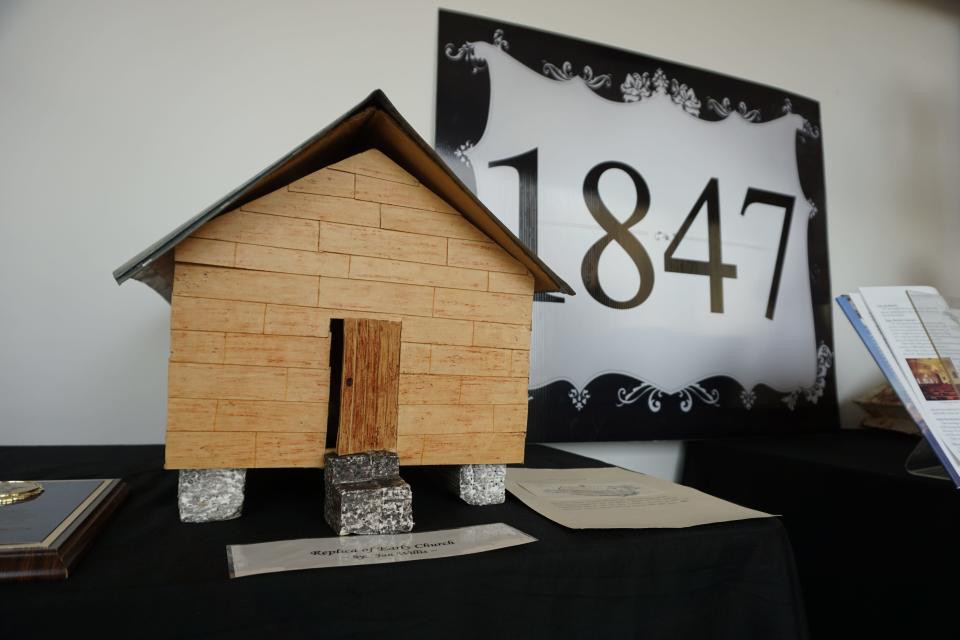 A model of the single-story building First Baptist Church of Shelby began in.