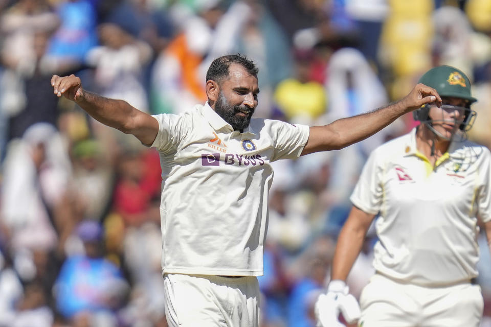 India's Mohammed Shami celebrates the dismissal of Australia's Scott Boland during the third day of the first cricket test match between India and Australia in Nagpur, India, Saturday, Feb. 11, 2023. (AP Photo/Rafiq Maqbool)