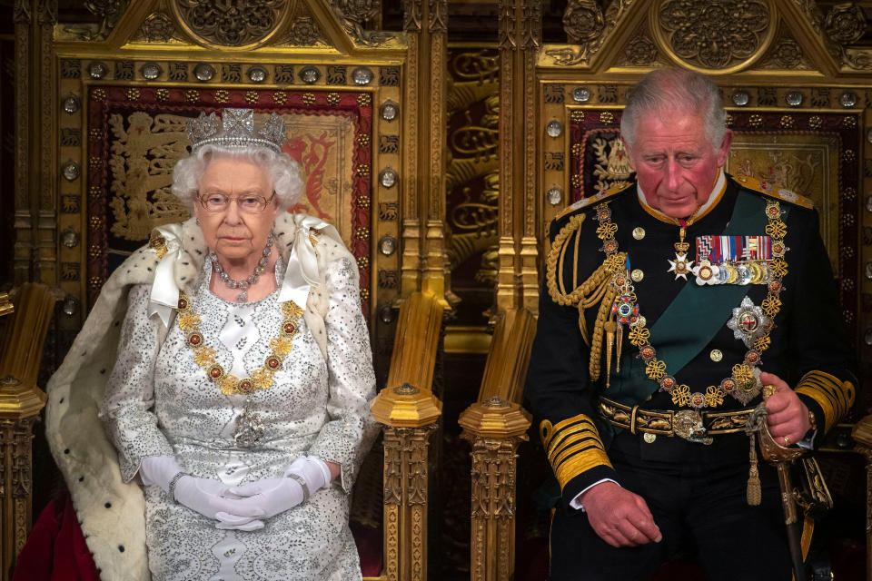 Britain's Queen Elizabeth and Charles, the Prince of Wales are seen during the State Opening of Parliament in the House of Lords at the Palace of Westminster in London, Britain October 14, 2019. Victoria Jones/Pool via REUTERS