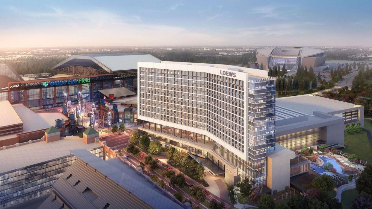 Artists rendering of the new Loews Arlington Hotel situated between Globe Life Field and AT&T Stadium.