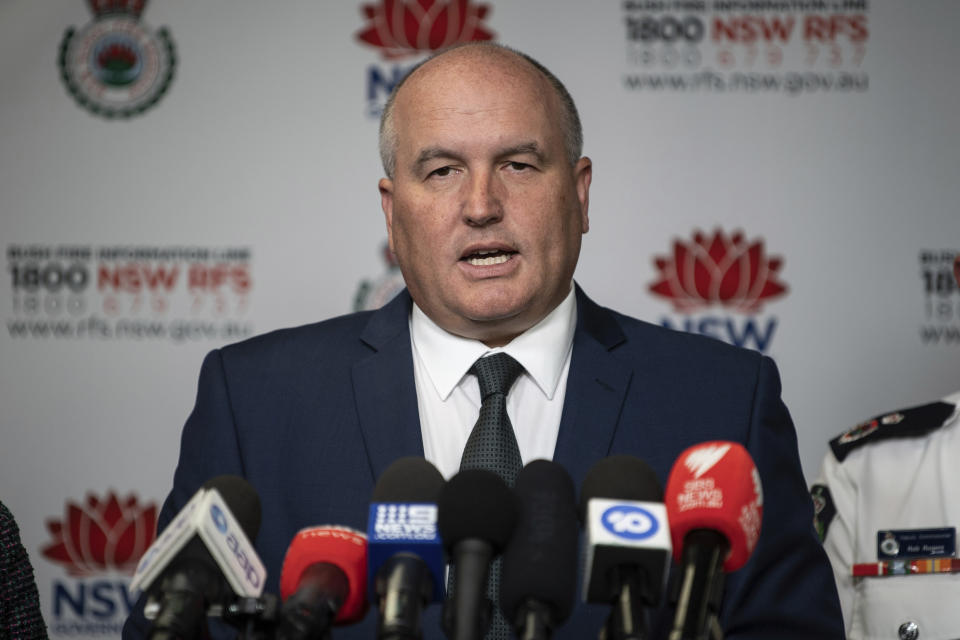 In this Oct. 9, 2019, photo, New South Wales (NSW) state Emergency Services Minister David Elliott speaks during a press conference at the NSW Rural Fire Service Headquarters at Sydney Olympic Park in Sydney. Australia’s most populous state declared a state of emergency on Monday, Nov. 11, 2019, due to unprecedented wildfire danger as calls grew for Australia to take more action to plan for an counter climate change. Elliott said residents were facing what "could be the most dangerous bushfire week this nation has ever seen.” (James Gourley/AAP Images via AP)
