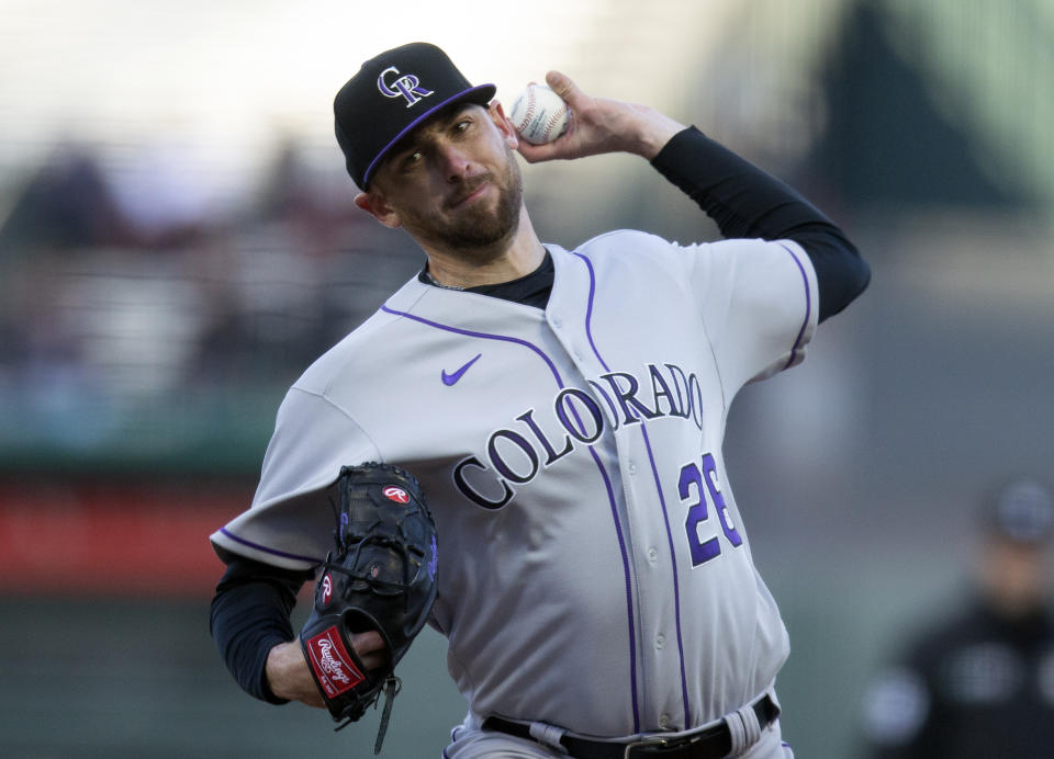 Colorado Rockies starting pitcher Austin Gomber delivers against the San Francisco Giants during the first inning of a baseball game, Monday, May 9, 2022, in San Francisco. (AP Photo/D. Ross Cameron)