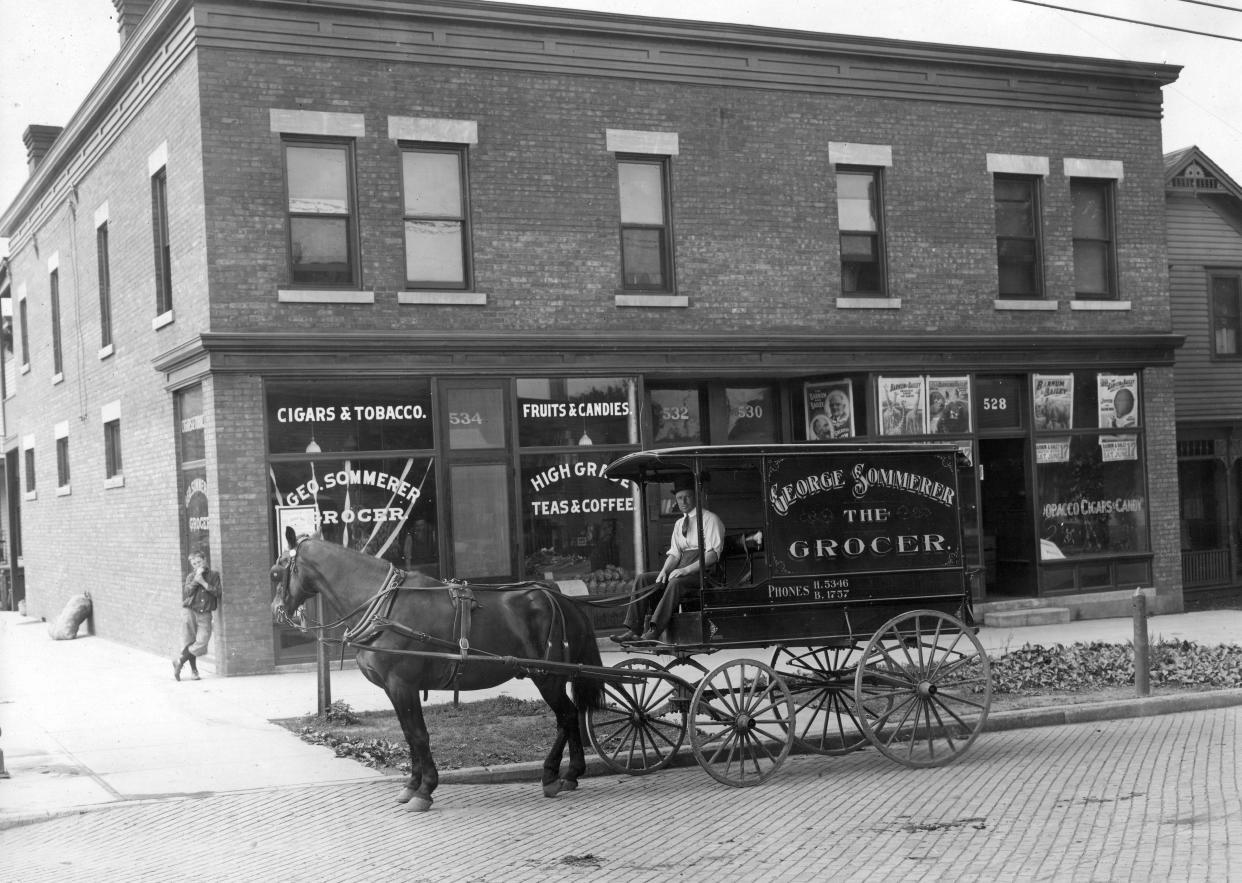 In this 1911 photo, George Sommerer's new Studebaker delivery wagon is shown in front of his grocery store at 534 E. Colfax Ave. in South Bend.