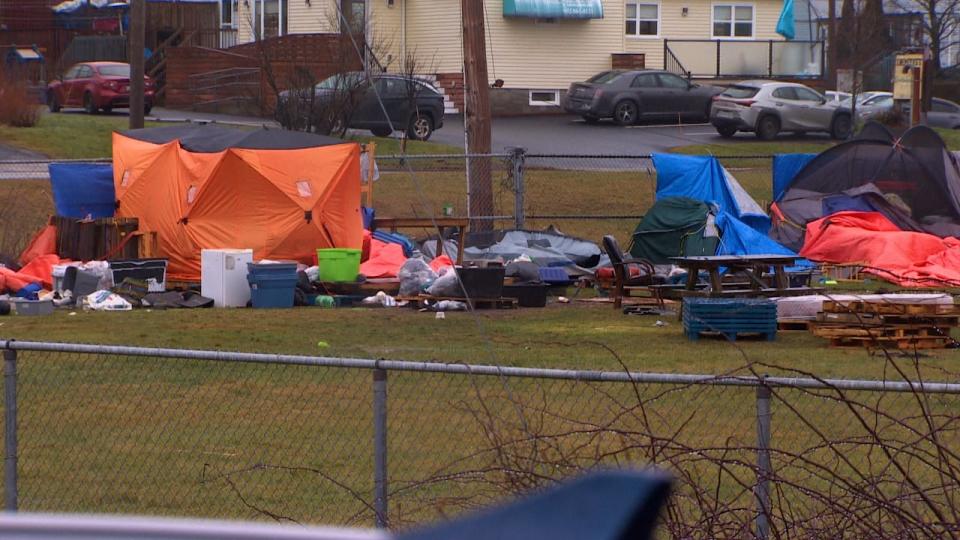 A tent encampment at a ballfield in Lower Sackville, N.S., is shown on Wednesday, Dec. 20, 2023.