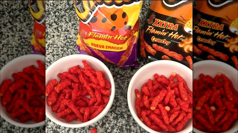 Mexican and American Flamin' Hot Cheetos in bowls