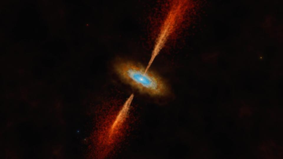 a red disk with a white center blasts out two jets of orange matter, one towards the top of the image and one towards the bottom