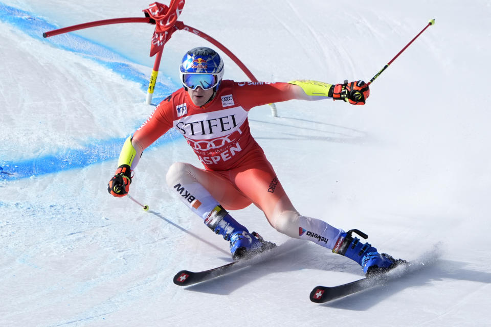 Switzerland's Marco Odermatt competes during a men's World Cup giant slalom skiing race, Saturday, March 2, 2024, in Aspen, Colo. (AP Photo/Robert F. Bukaty)