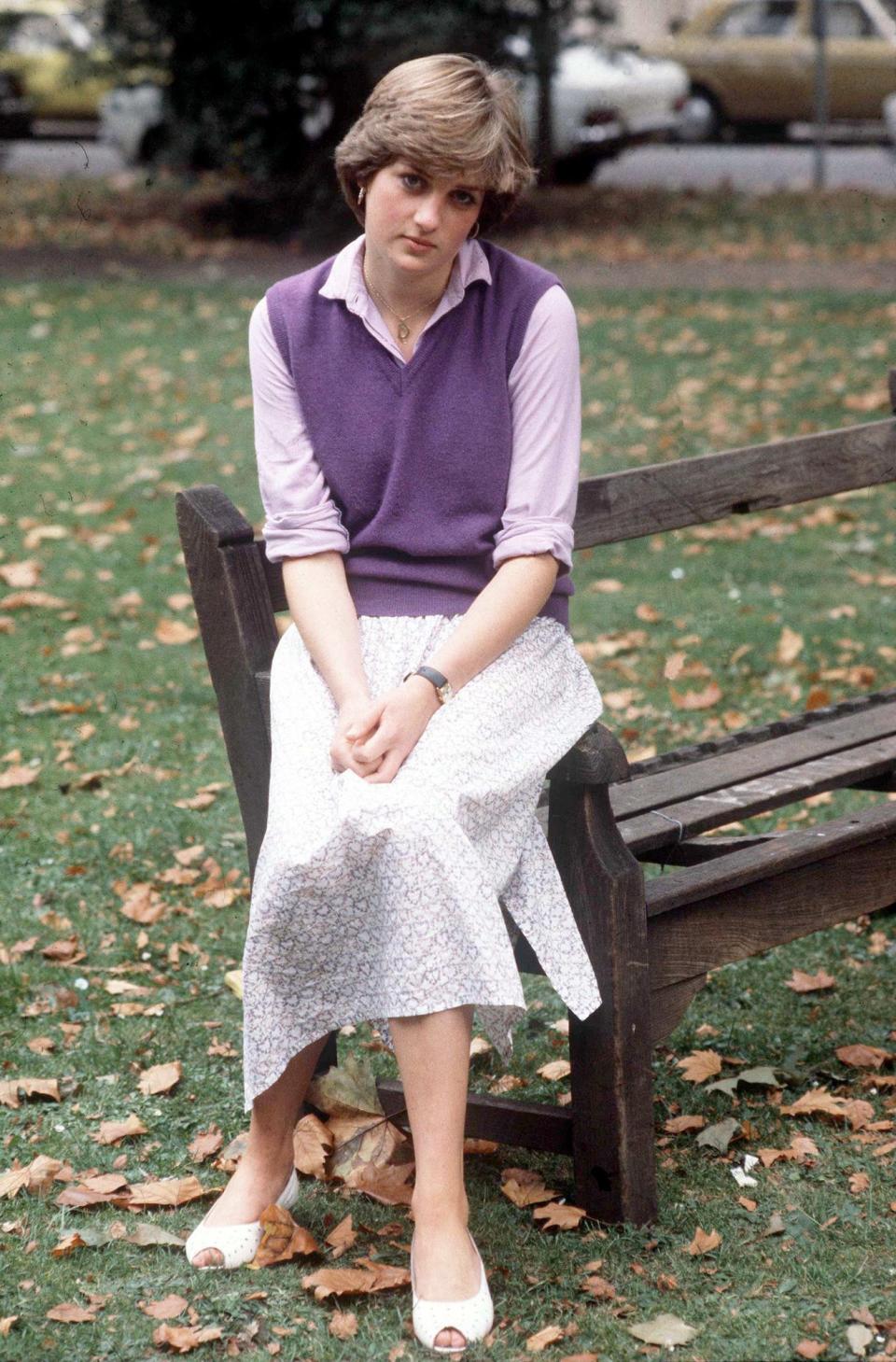 <p>Before Diana married Prince Charles, sweaters (like this purple sweater vest) were a part of her wardrobe as a kindergarten assistant.</p>