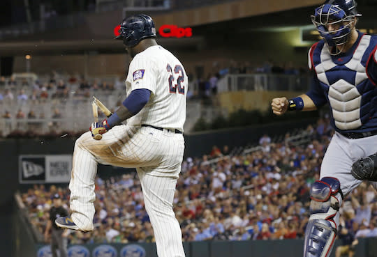 Miguel Sano breaks his bat after a strikeout against Atlanta July 27, 2016 (AP Photo/Jim Mone)