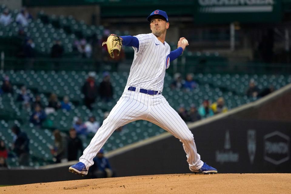 Chicago Cubs starting pitcher Drew Smyly delivers in the first inning of a baseball game against the Pittsburgh Pirates, Friday, April 22, 2022, in Chicago.