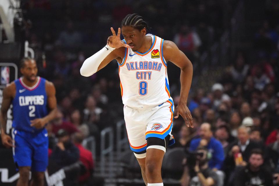 Jan 16, 2024; Los Angeles, California, USA; Oklahoma City Thunder forward Jalen Williams (8) gestures after a three-point basket against the LA Clippers in the first half at Crypto.com Arena. Mandatory Credit: Kirby Lee-USA TODAY Sports