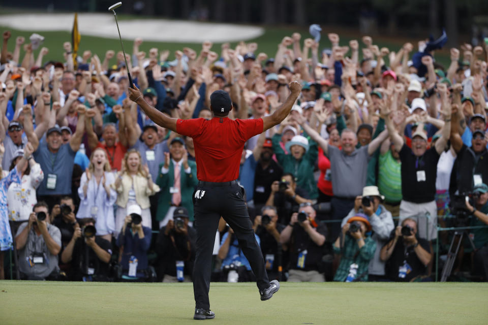 Tiger Woods reacts as he wins the Masters golf tournament Sunday, April 14, 2019, in Augusta, Ga. (AP Photo/Matt Slocum)