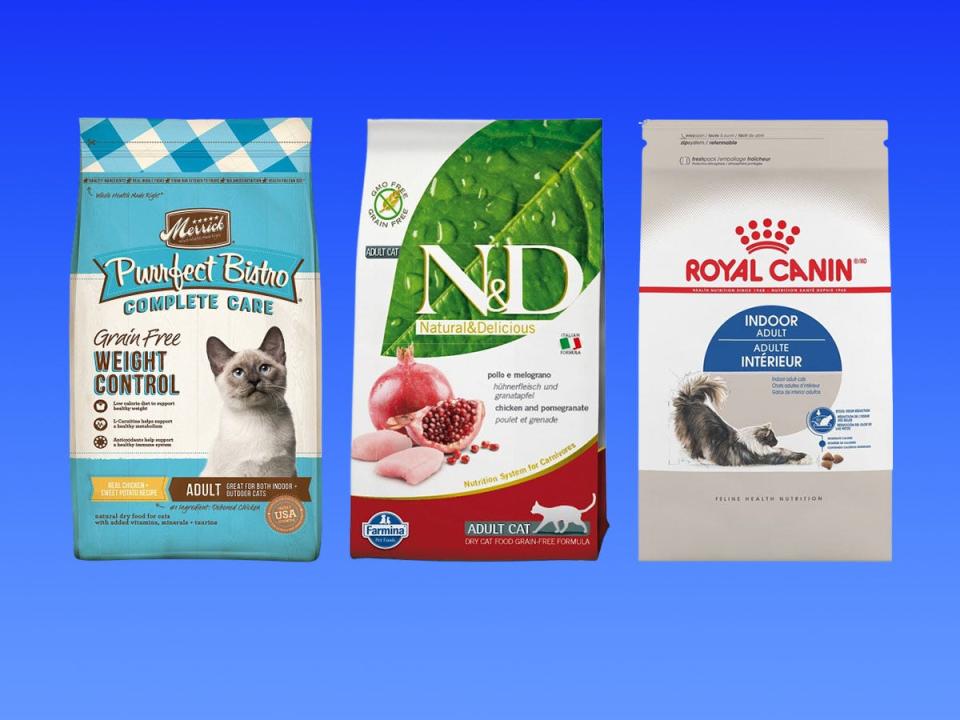 A collage image of three different dry pet food bags.